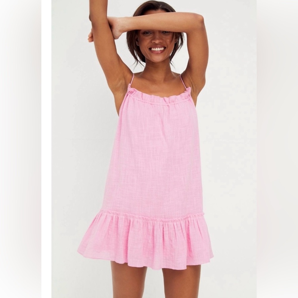 Free People Linen Smocked Dress Romper. Size Medium, Bubblegum Pink
